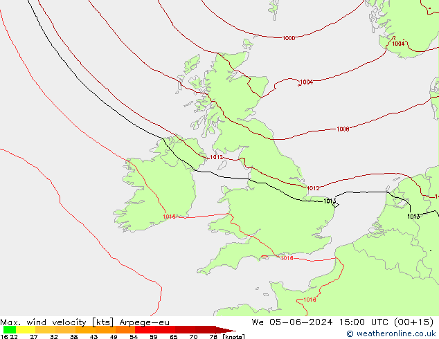 Max. wind velocity Arpege-eu We 05.06.2024 15 UTC