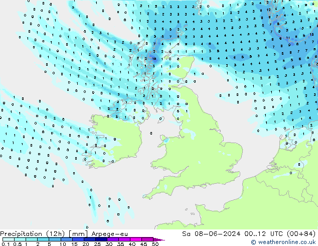 Precipitación (12h) Arpege-eu sáb 08.06.2024 12 UTC