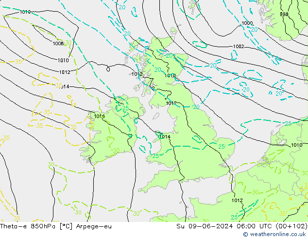 Theta-e 850hPa Arpege-eu dom 09.06.2024 06 UTC