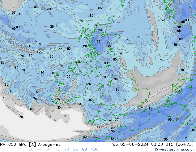 RH 850 hPa Arpege-eu Mi 05.06.2024 03 UTC