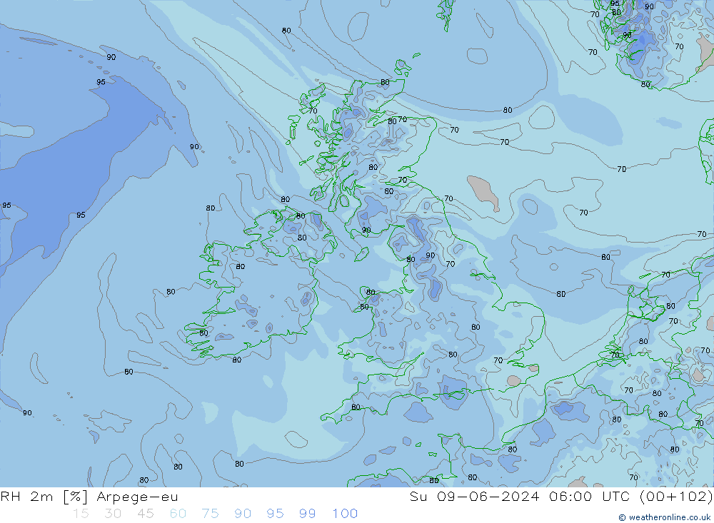 RH 2m Arpege-eu Su 09.06.2024 06 UTC