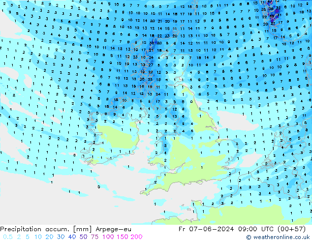 Précipitation accum. Arpege-eu ven 07.06.2024 09 UTC