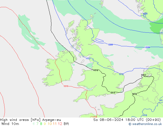 High wind areas Arpege-eu сб 08.06.2024 18 UTC