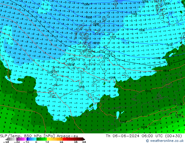 SLP/Temp. 850 hPa Arpege-eu Qui 06.06.2024 06 UTC