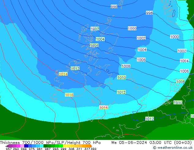 Thck 700-1000 hPa Arpege-eu mer 05.06.2024 03 UTC