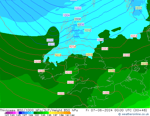 Espesor 850-1000 hPa Arpege-eu vie 07.06.2024 00 UTC