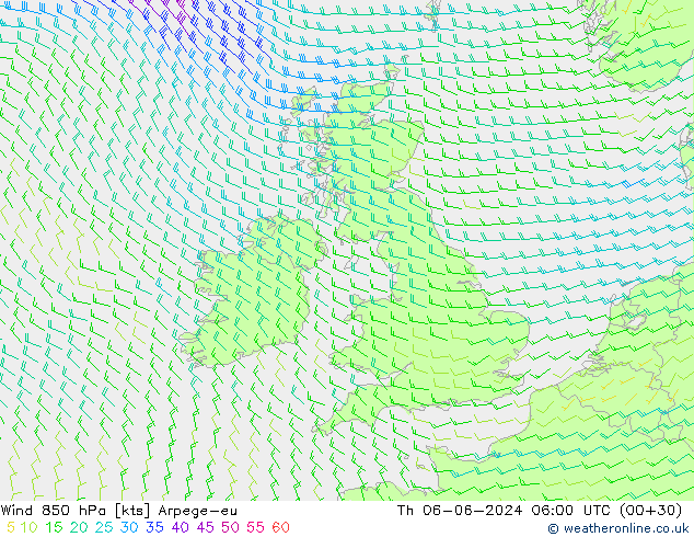 Vento 850 hPa Arpege-eu Qui 06.06.2024 06 UTC