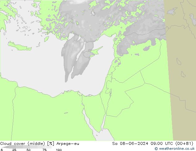 Cloud cover (middle) Arpege-eu Sa 08.06.2024 09 UTC
