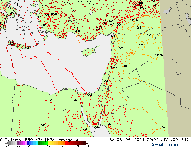 SLP/Temp. 850 hPa Arpege-eu Sa 08.06.2024 09 UTC