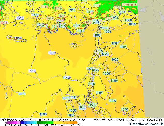 Thck 700-1000 hPa Arpege-eu We 05.06.2024 21 UTC