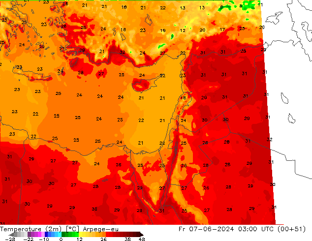 Sıcaklık Haritası (2m) Arpege-eu Cu 07.06.2024 03 UTC