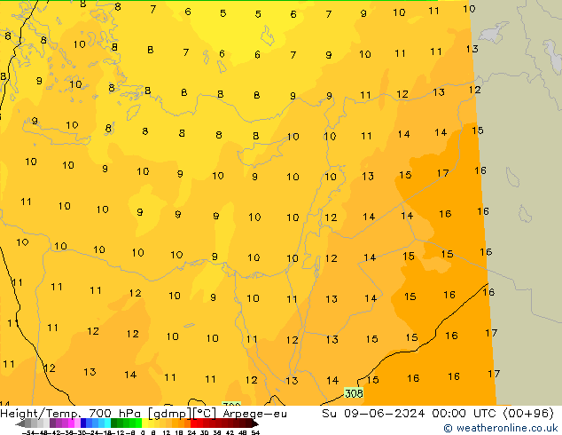 Hoogte/Temp. 700 hPa Arpege-eu zo 09.06.2024 00 UTC