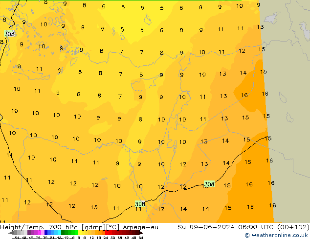 Hoogte/Temp. 700 hPa Arpege-eu zo 09.06.2024 06 UTC