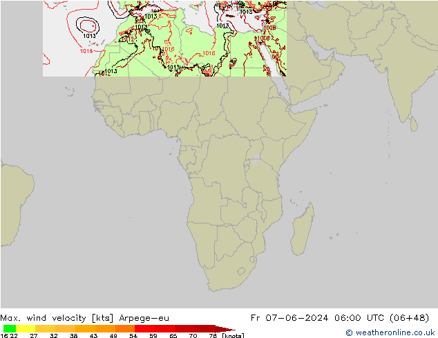 Max. wind velocity Arpege-eu Pá 07.06.2024 06 UTC