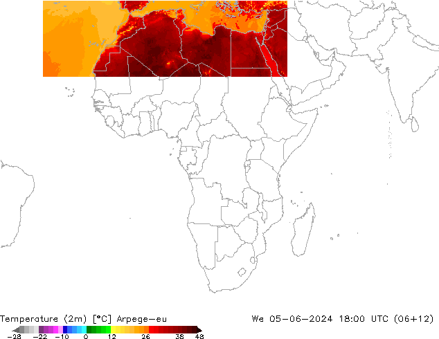 température (2m) Arpege-eu mer 05.06.2024 18 UTC