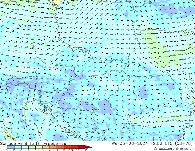 Viento 10 m (bft) Arpege-eu mié 05.06.2024 12 UTC