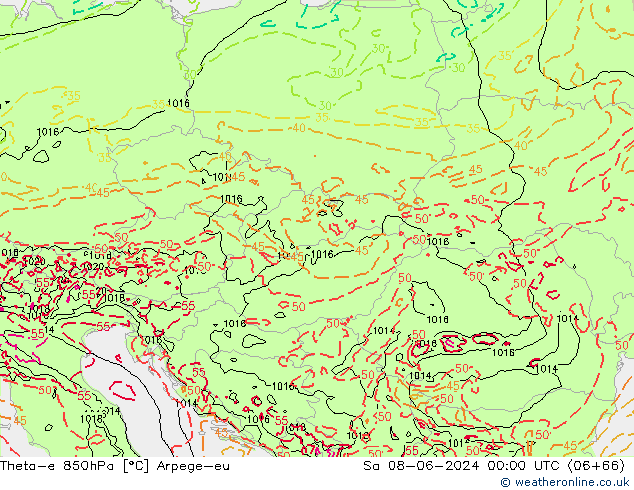 Theta-e 850hPa Arpege-eu za 08.06.2024 00 UTC
