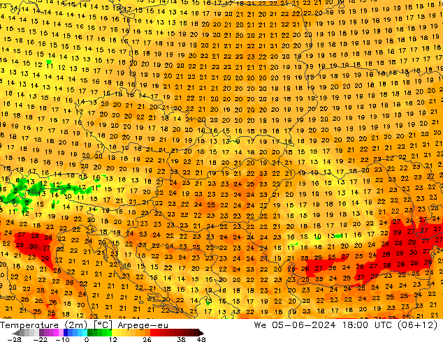 Temperatura (2m) Arpege-eu Qua 05.06.2024 18 UTC