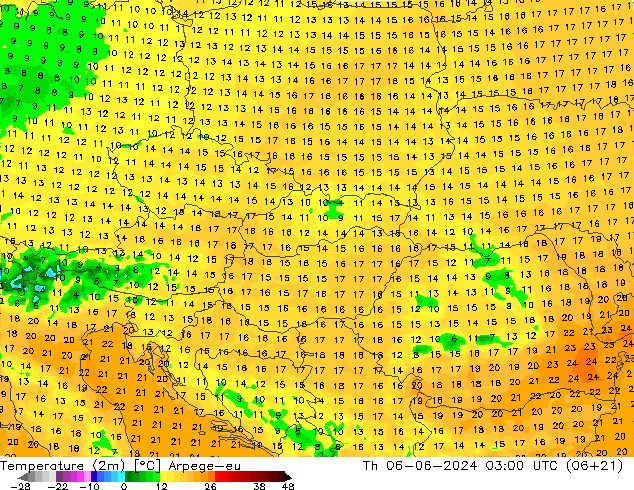 Temperature (2m) Arpege-eu Th 06.06.2024 03 UTC