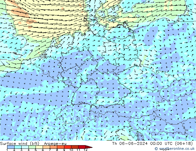 Vento 10 m (bft) Arpege-eu gio 06.06.2024 00 UTC