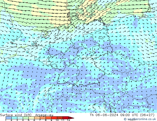 Wind 10 m (bft) Arpege-eu do 06.06.2024 09 UTC