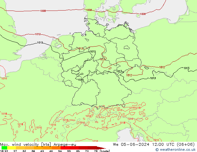 Max. wind velocity Arpege-eu We 05.06.2024 12 UTC