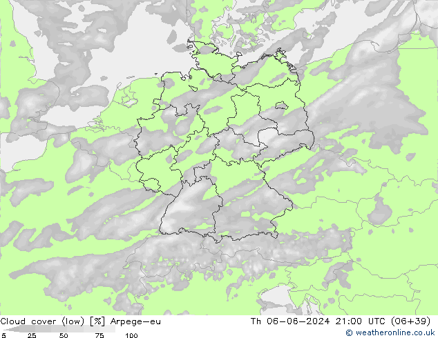 Nubes bajas Arpege-eu jue 06.06.2024 21 UTC