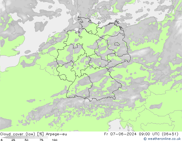 Cloud cover (low) Arpege-eu Fr 07.06.2024 09 UTC