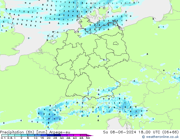 Précipitation (6h) Arpege-eu sam 08.06.2024 00 UTC