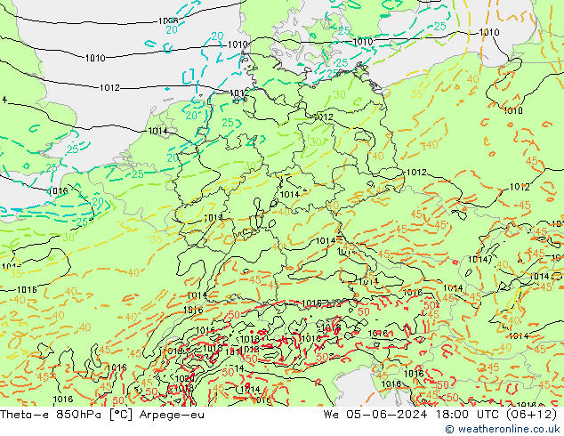 Theta-e 850hPa Arpege-eu śro. 05.06.2024 18 UTC