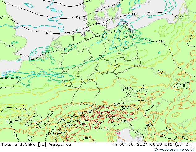 Theta-e 850hPa Arpege-eu Qui 06.06.2024 06 UTC