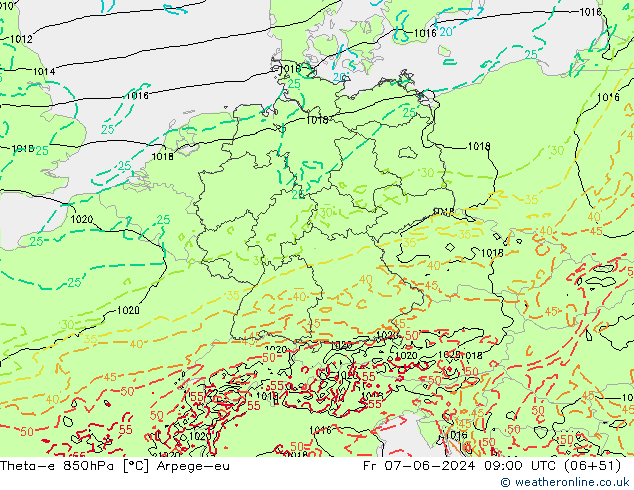 Theta-e 850hPa Arpege-eu ven 07.06.2024 09 UTC