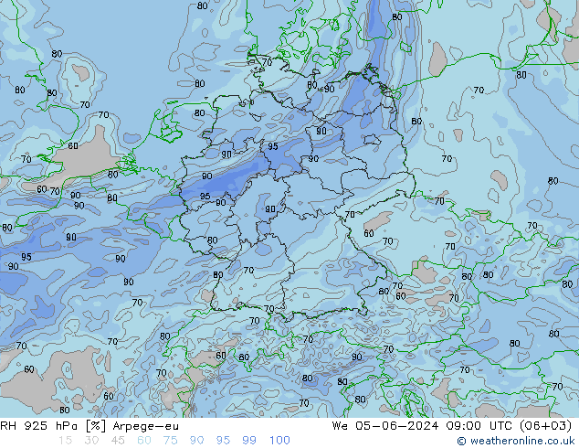 RH 925 hPa Arpege-eu mer 05.06.2024 09 UTC