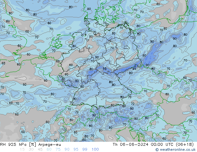 RH 925 гПа Arpege-eu чт 06.06.2024 00 UTC