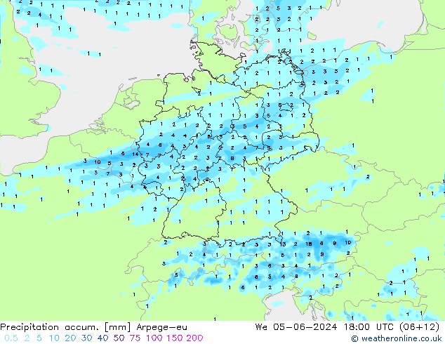 Precipitation accum. Arpege-eu 星期三 05.06.2024 18 UTC