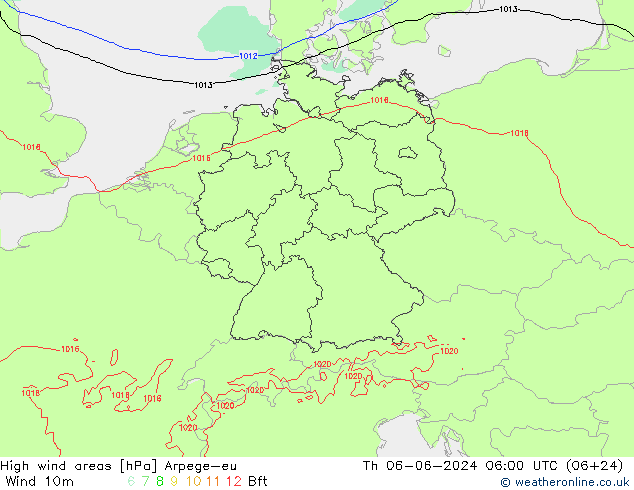 High wind areas Arpege-eu Th 06.06.2024 06 UTC