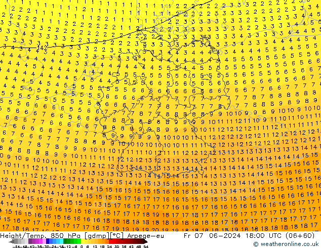 Height/Temp. 850 hPa Arpege-eu Sex 07.06.2024 18 UTC