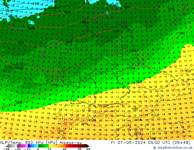 SLP/Temp. 850 hPa Arpege-eu vie 07.06.2024 06 UTC