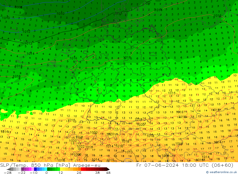 SLP/Temp. 850 hPa Arpege-eu Fr 07.06.2024 18 UTC