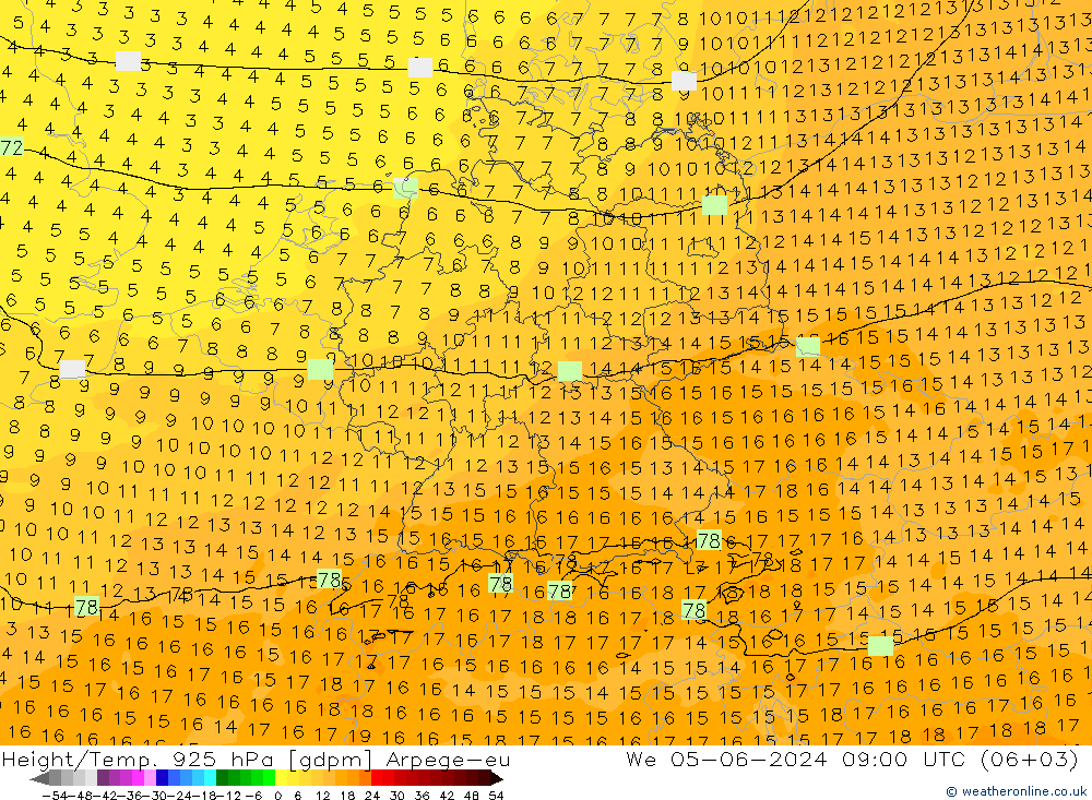 Height/Temp. 925 hPa Arpege-eu We 05.06.2024 09 UTC