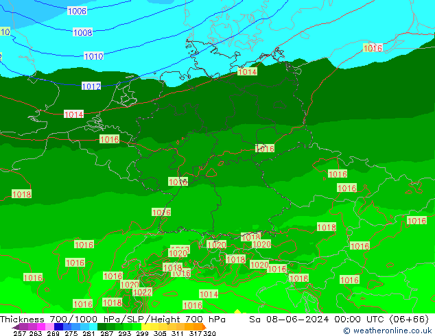 Thck 700-1000 hPa Arpege-eu Sa 08.06.2024 00 UTC