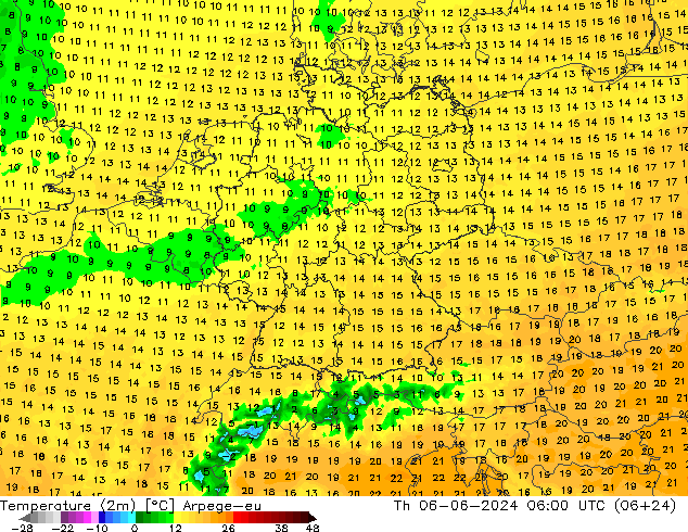 mapa temperatury (2m) Arpege-eu czw. 06.06.2024 06 UTC