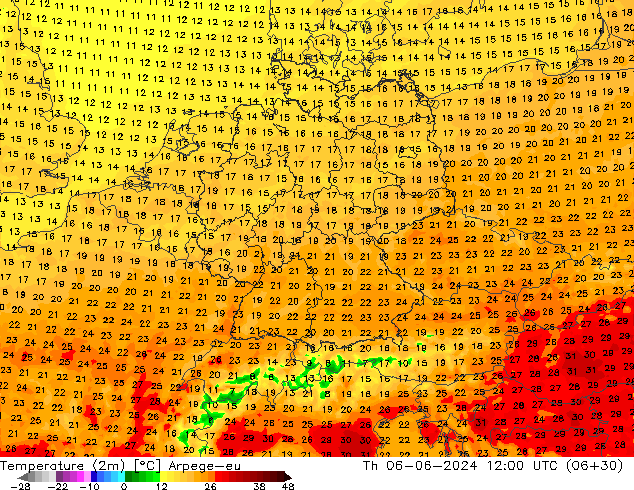 Temperatuurkaart (2m) Arpege-eu do 06.06.2024 12 UTC