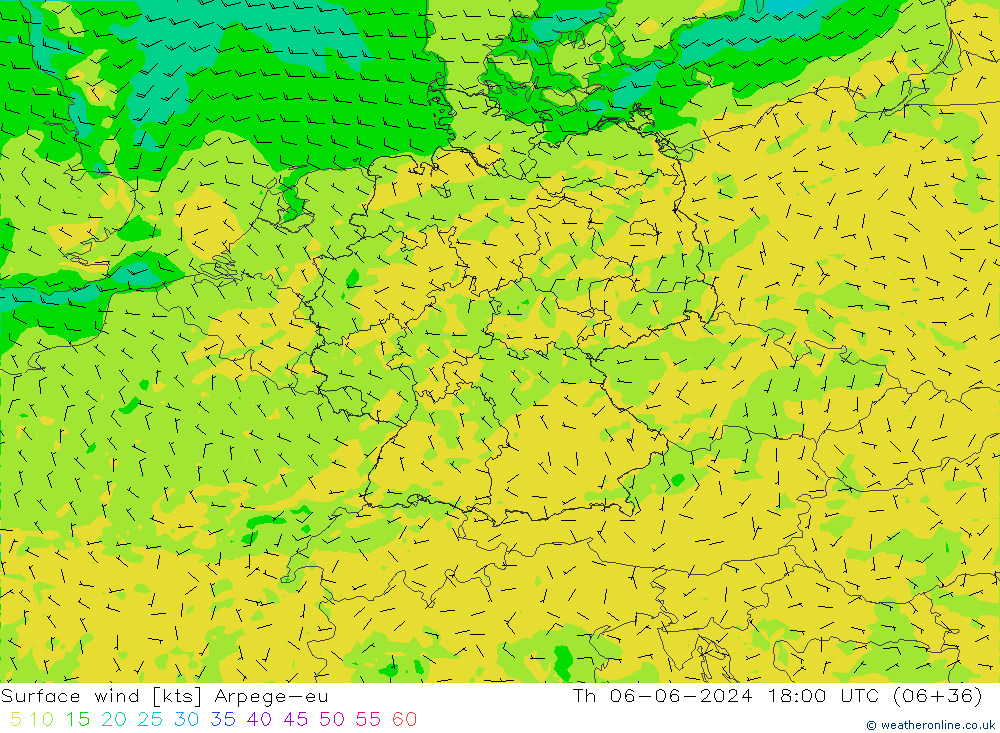 Surface wind Arpege-eu Th 06.06.2024 18 UTC