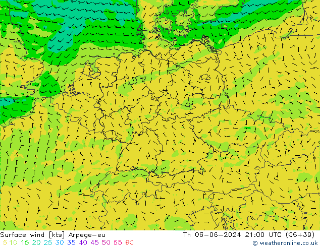 Vento 10 m Arpege-eu Qui 06.06.2024 21 UTC