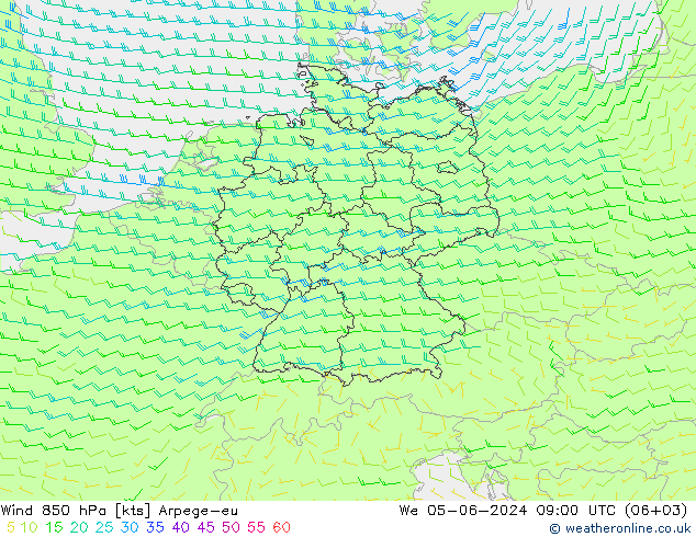 Vento 850 hPa Arpege-eu mer 05.06.2024 09 UTC