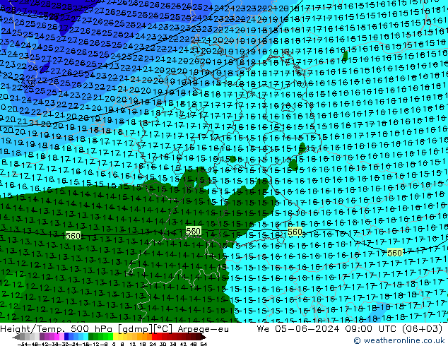 Hoogte/Temp. 500 hPa Arpege-eu wo 05.06.2024 09 UTC