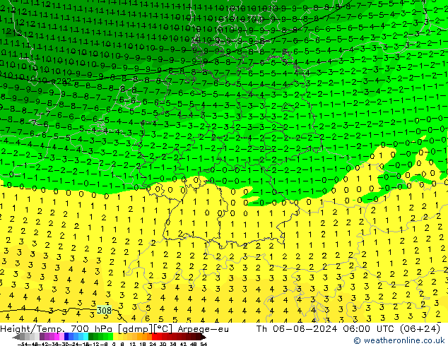 Height/Temp. 700 hPa Arpege-eu Čt 06.06.2024 06 UTC