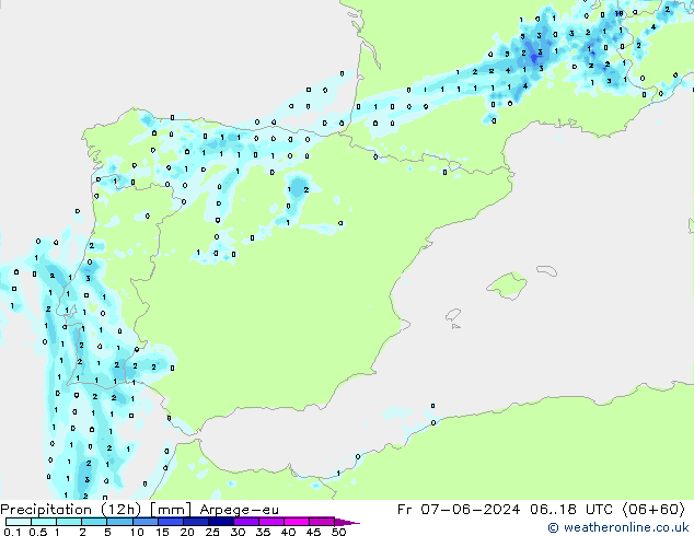 Totale neerslag (12h) Arpege-eu vr 07.06.2024 18 UTC