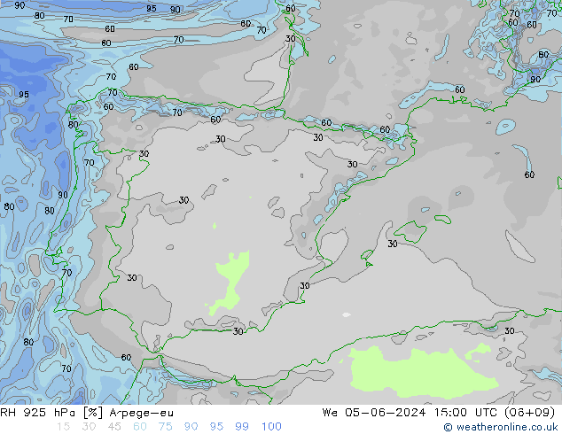 Humidité rel. 925 hPa Arpege-eu mer 05.06.2024 15 UTC